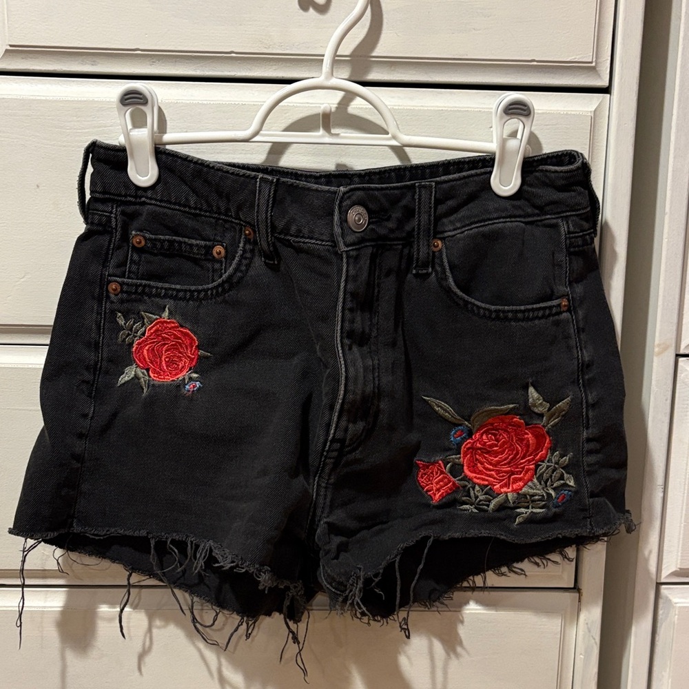 H&M Black Denim Shorts with Red Floral Embroidery